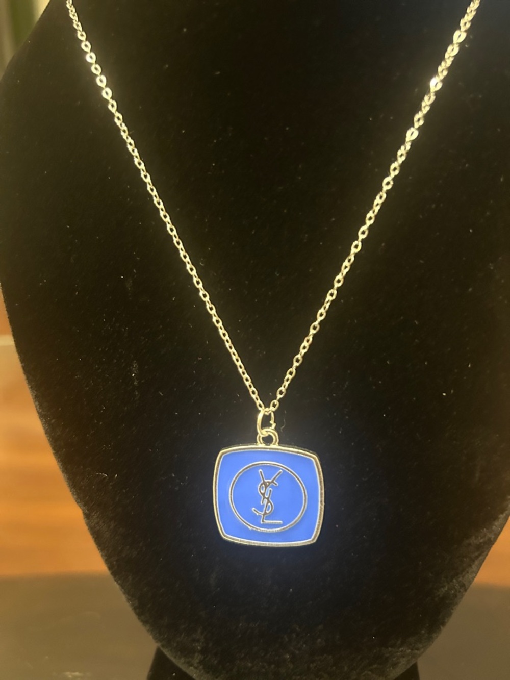 Blue Enamel Pendant Necklace with silver Tone Chain